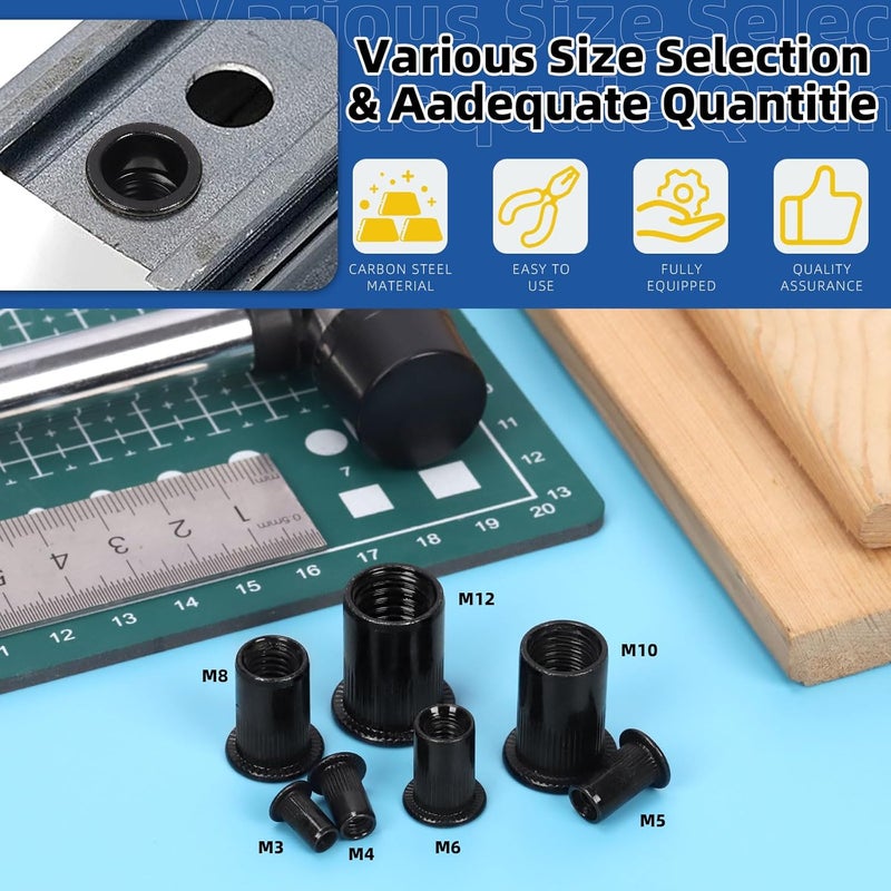 Glarks 100Pcs M3 Rivet Nuts - Black Zinc Plated Carbon Steel Flat Head Rivnut Threaded Insert Assortment Set - Image 3